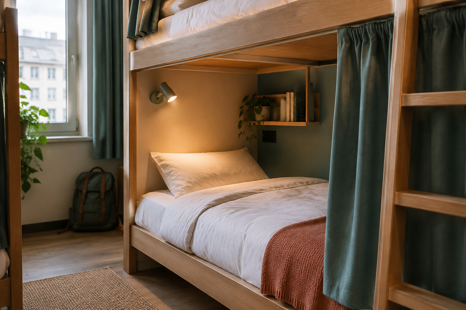 Bunk bed with fresh linen, reading lamp and curtain