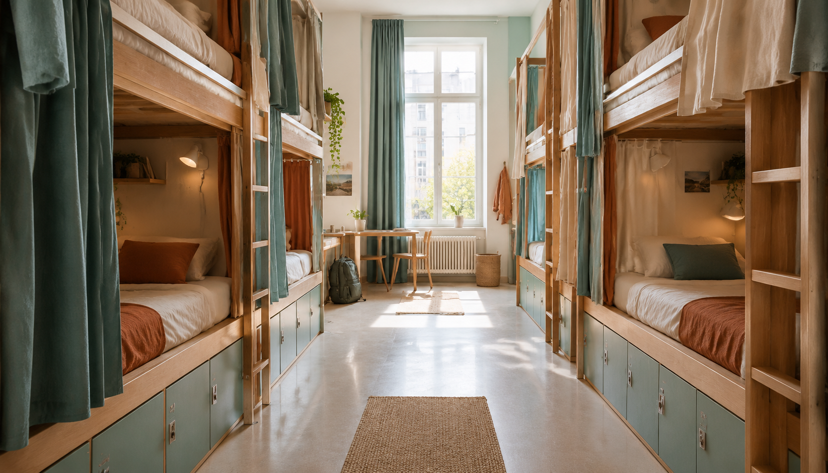 Dormitory room with bunk beds and a clear aisle