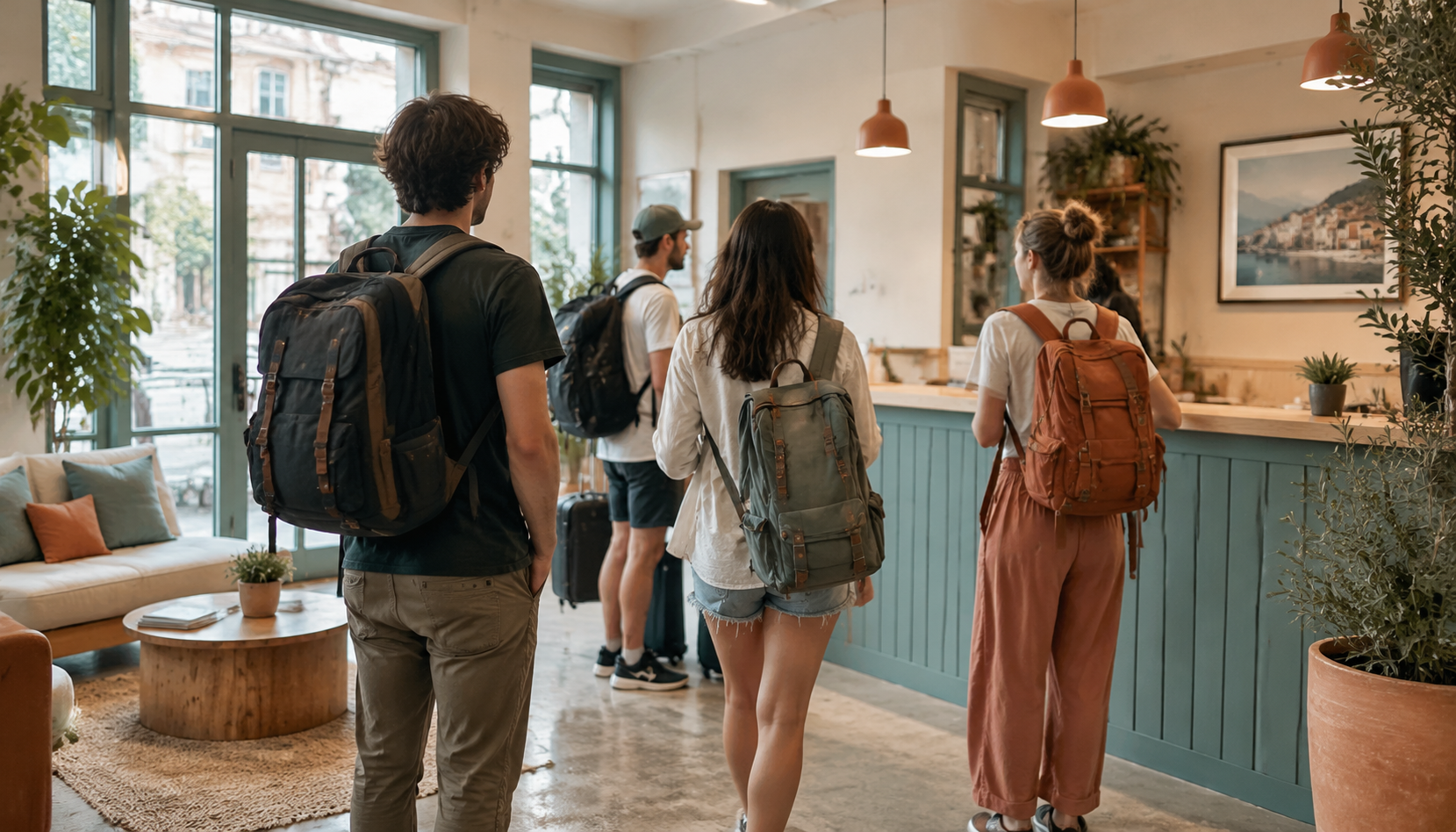 Group of travellers with backpacks in a hostel lobby