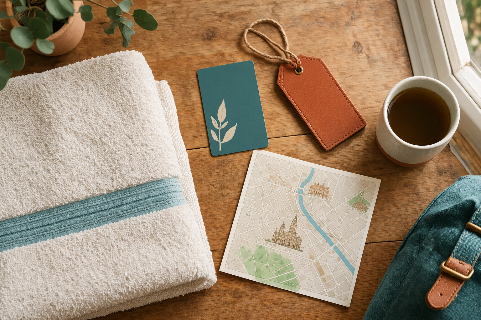 Towel, key card and map on a desk