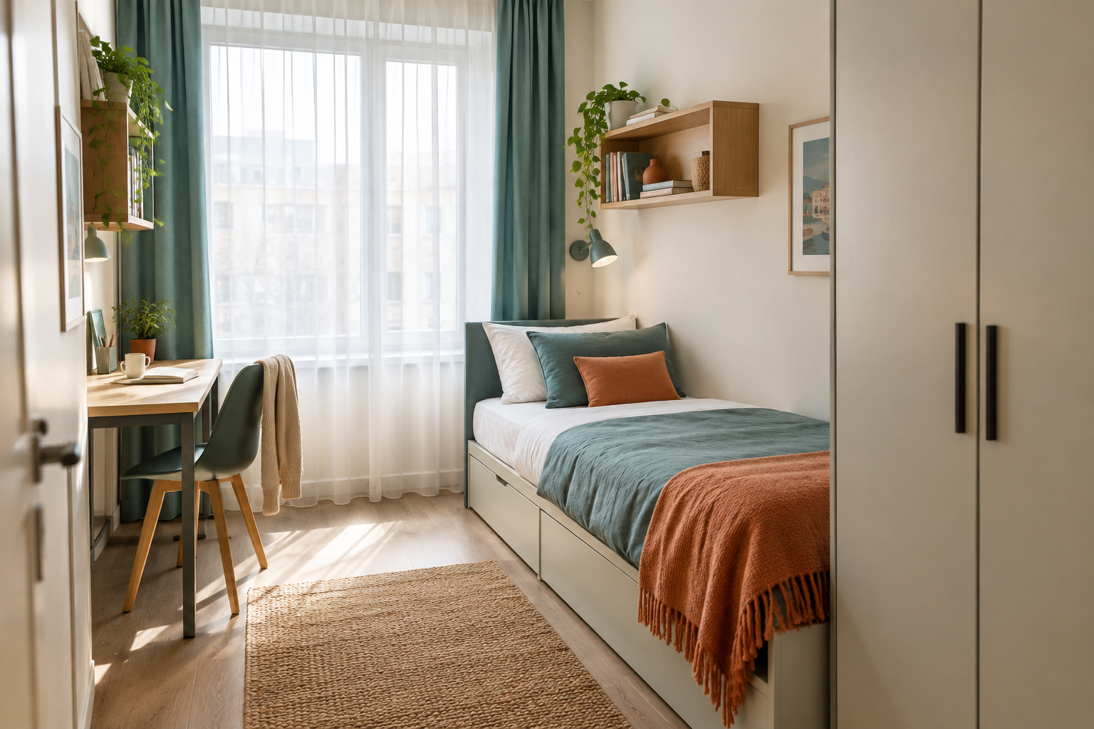 Private room layout with bed, desk and window