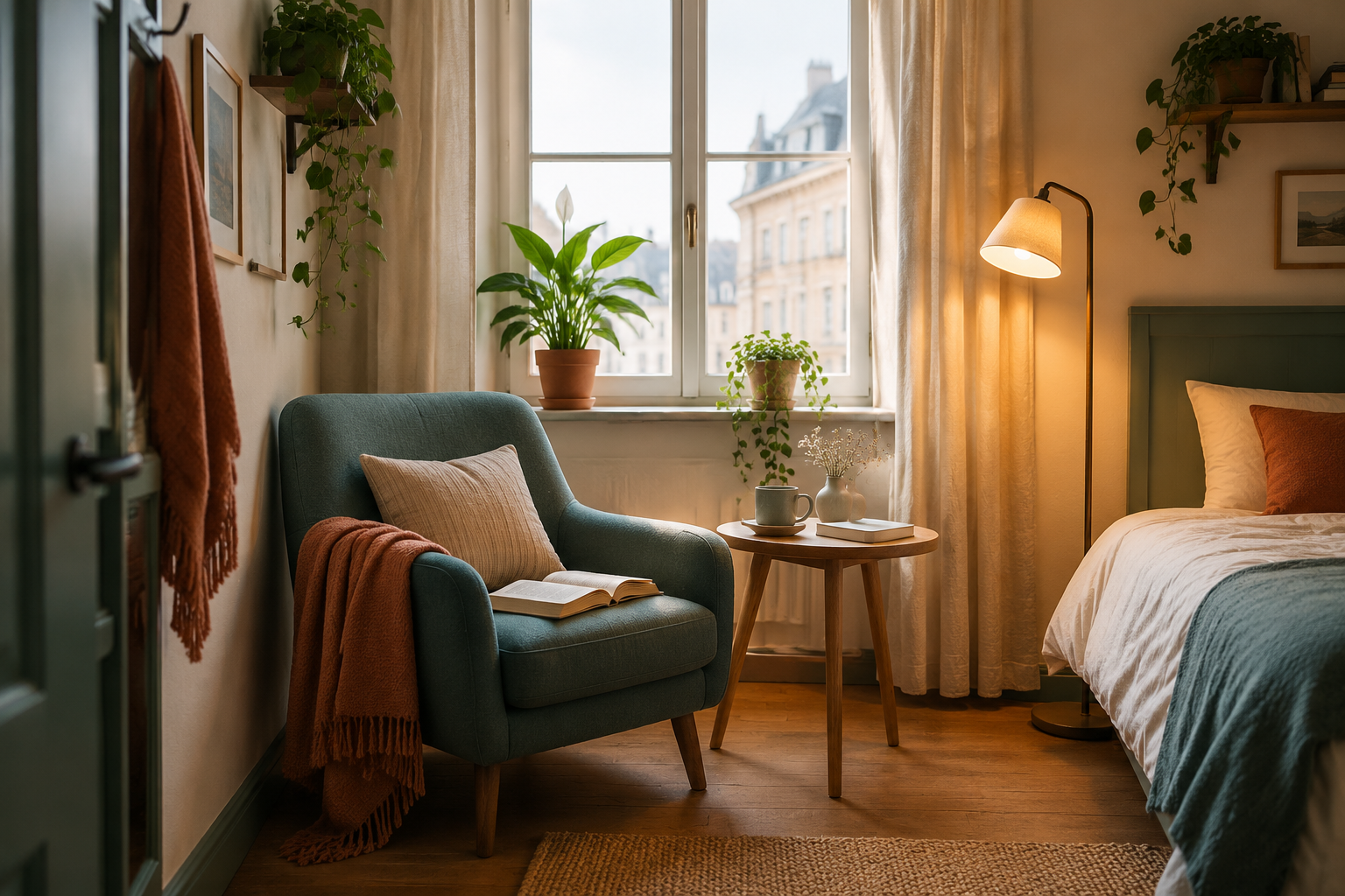 Reading corner with armchair by the window in a private room
