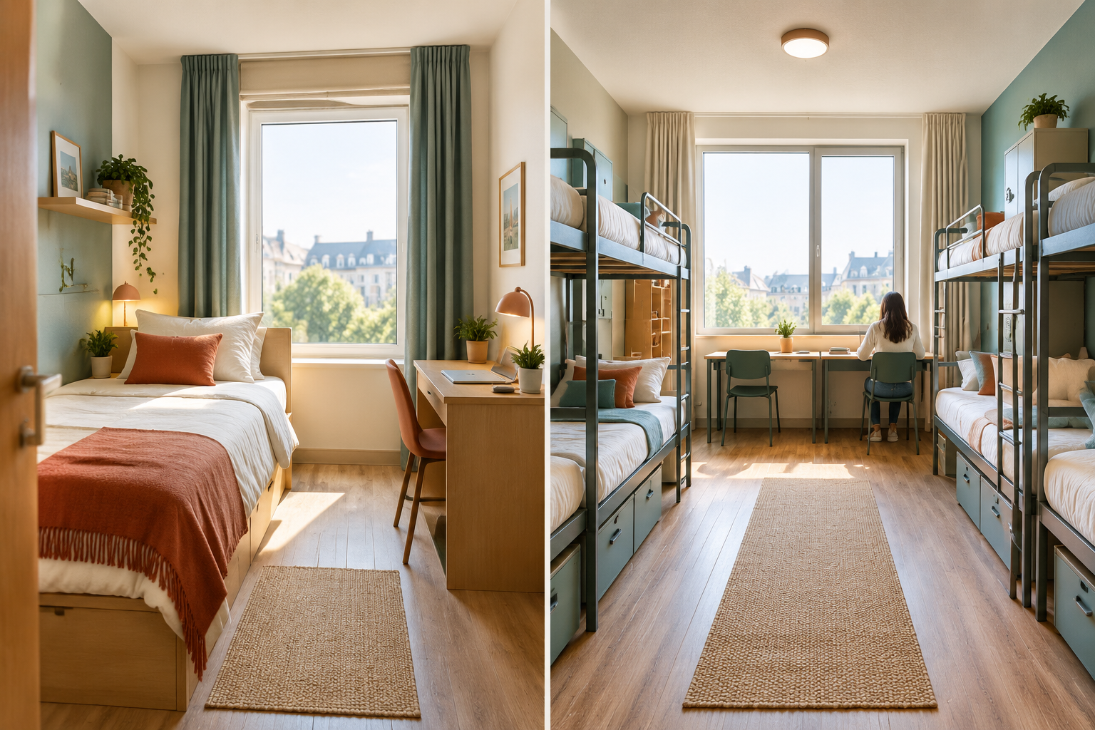 Private room and shared dormitory shown side by side