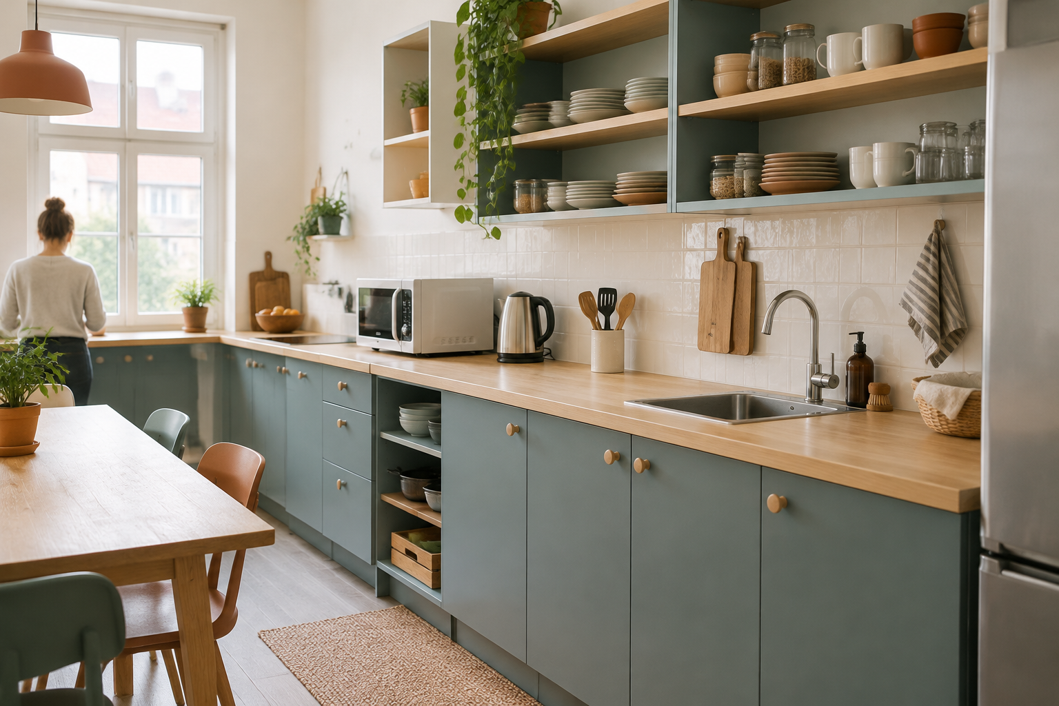 Self-catering hostel kitchenette with shared counter