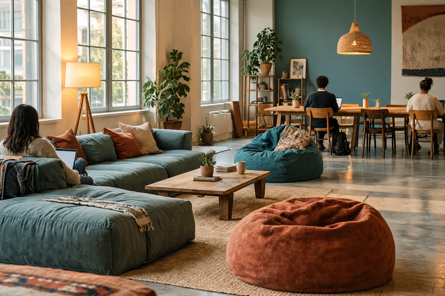 Hostel shared lounge with sofas and a long table